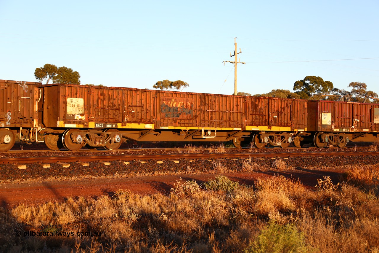 160522 2030
Parkeston, 5MP2 steel train, RKCX type open waggon RKCX 1001, originally built by Victorian Railways Bendigo Workshops in 1974 as a member of the ELX type open waggons, in 1979 recoded to VOBX and then VOCX in 1980. To NRC in 1994, ROBX, then current code in 1995.
Keywords: RKCX-type;RKCX1001;Victorian-Railways-Bendigo-WS;ELX-type;VOBX-type;VXOZ-type;ROBX-type;