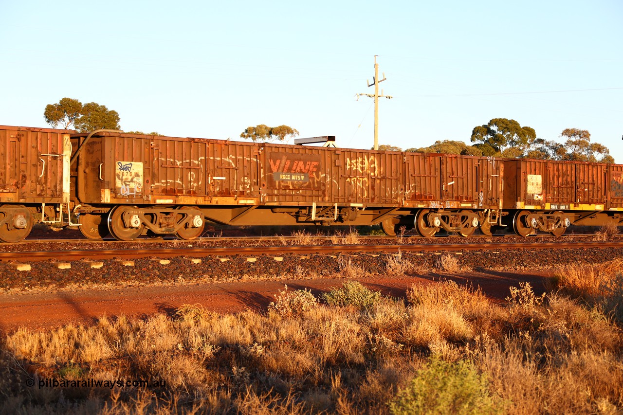 160522 2031
Parkeston, 5MP2 steel train, RKCX type open waggon RKCX 1075, built by Victorian Railways Bendigo Workshops in 1977 as a member of the ELX type open waggons, recoded to VOCX in 1980, in 1995 to the NRC as ROBX and then current code in 1995.
Keywords: RKCX-type;RKCX1075;Victorian-Railways-Bendigo-WS;ELX-type;VOCX-type;ROBX-type;