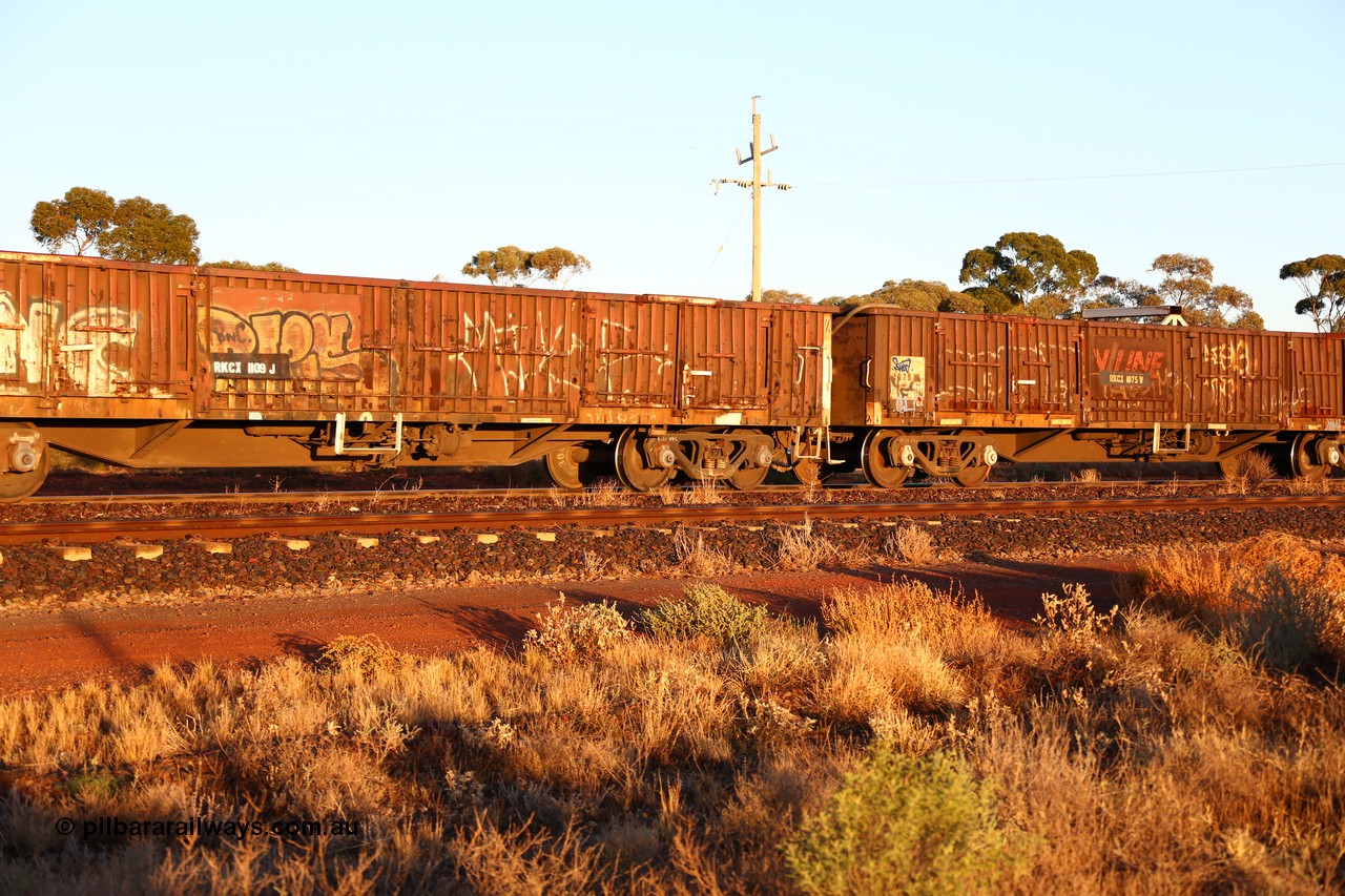 160522 2032
Parkeston, 5MP2 steel train, RKCX type open waggon RKCX 1109, built by Victorian Railways Bendigo Workshops in 1978 as VOCX type open waggon, recoded to VOCY in 1980, back to VOCX in 1982, then to NRC in 1994 as ROBX, current code from 1995.
Keywords: RKCX-type;RKCX1109;Victorian-Railways-Bendigo-WS;VOCX-type;VOCY-type;ROBX-type;