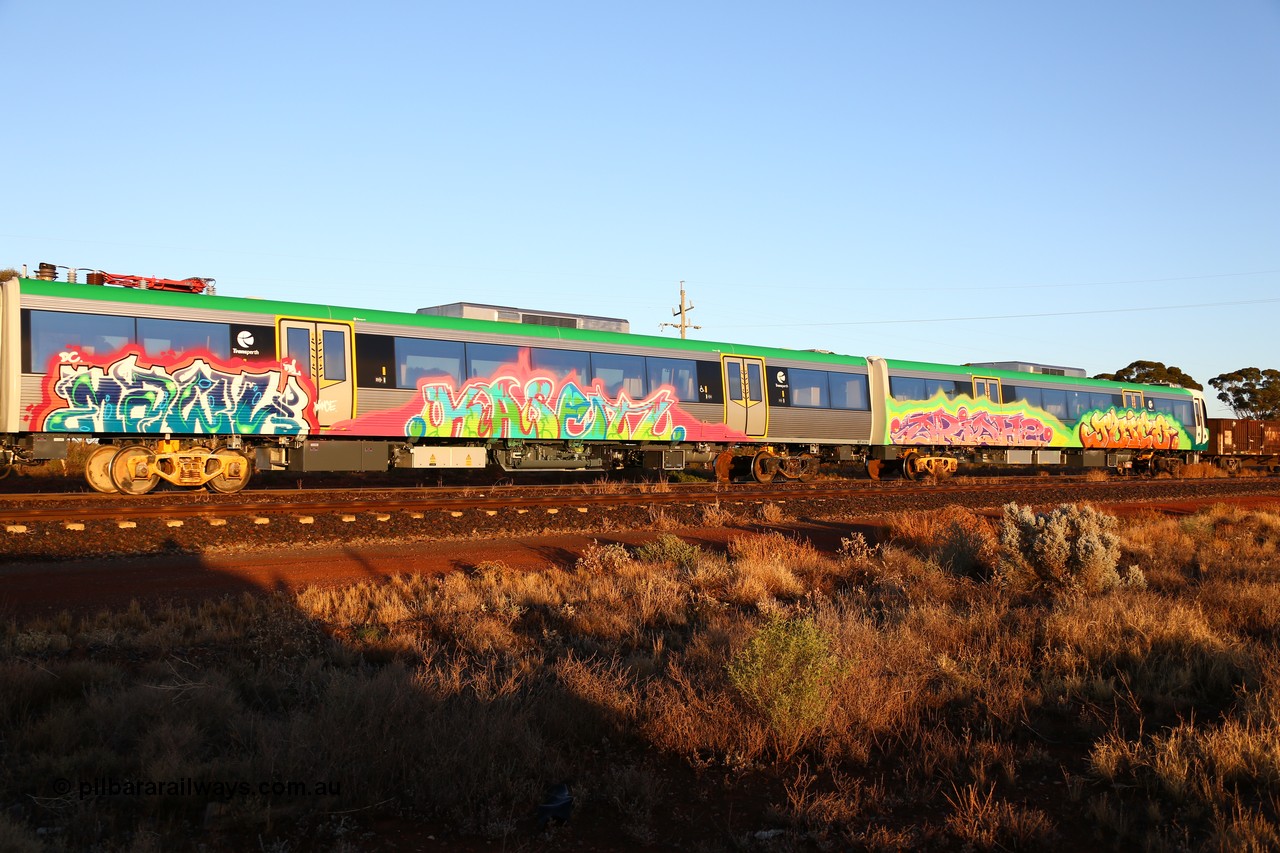 160522 2034
Parkeston, 5MP2 steel train, Trans-Perth electric B Set 116, trailer coach BET 6116 being transferred from the manufacturer in Qld to Perth. 
Keywords: BET-class;BET6116;Downer-Rail-Maryborough;