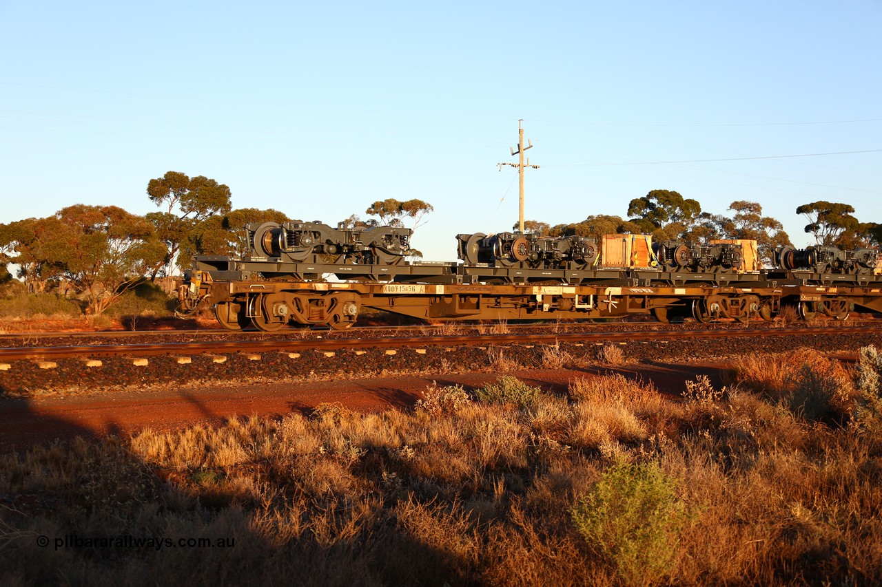 160522 2039
Parkeston, 5MP2 steel train, view from rear looking at NQOY 15056 and RQCY 701 loaded with bogies for Trans-Perth B set 116. NQOY type waggon built by Comeng NSW in batch of seventy OCY type container waggons in 1974/75. Recoded to NQOY in 1979-80.
Keywords: NQOY-type;NQOY15056;Comeng-NSW;OCY-type;