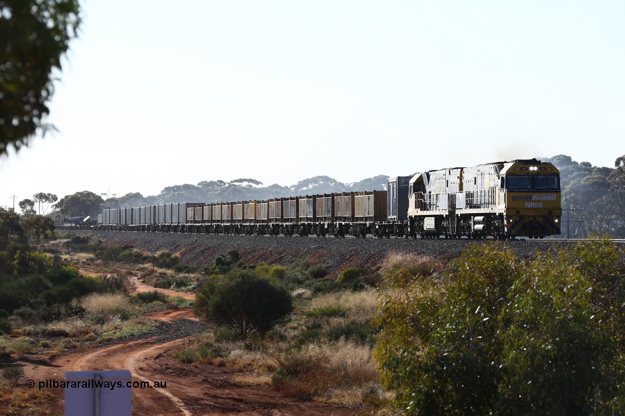 160522 2051
Binduli, 5MP2 steel train to Perth, locomotives Goninan built GE model Cv40-9i NR class NR 68 serial 7250-12/96-270 and NR 61 serial 7250-11/96-263 on the mainline leg of the triangle.
Keywords: NR-class;NR68;Goninan;GE;Cv40-9i;7250-12/96-270;