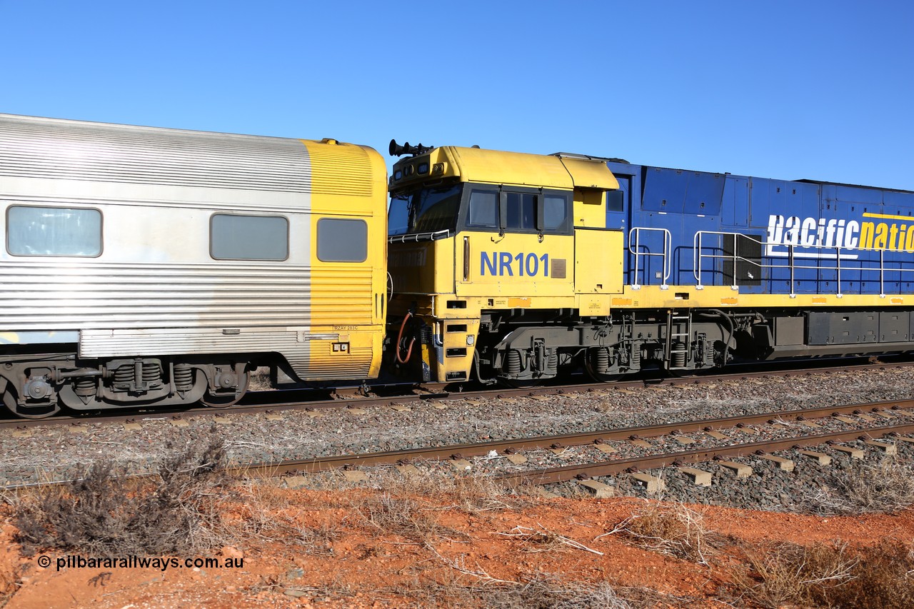 160522 2086
Parkeston, 6MP4 intermodal train, view of trailing unit Goninan built GE model Cv40-9i NR class unit NR 101 serial 7250-07/97-303 and Comeng NSW built crew accommodation coach RZAY 283.
Keywords: NR-class;NR101;Goninan;GE;Cv40-9i;7250-07/97-303;