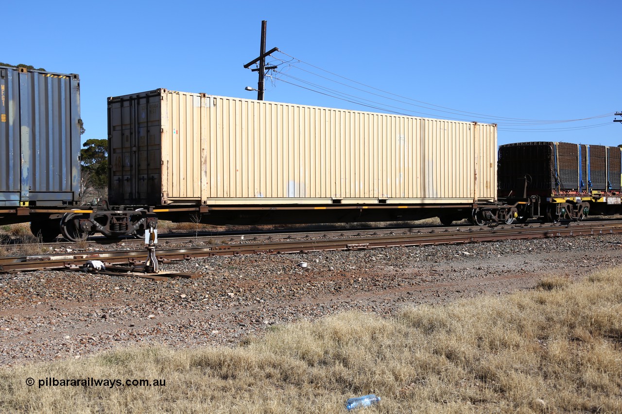 160522 2159
Parkeston, 6MP4 intermodal train, platform 5 of 5-pack low profile skel waggon set RRYY 17, one of fifty two such waggon sets built by Bradken at Braemar NSW in 2004-05, loaded with 48' container SCF 480484.
Keywords: RRYY-type;RRYY17;Williams-Worley;Bradken-NSW;