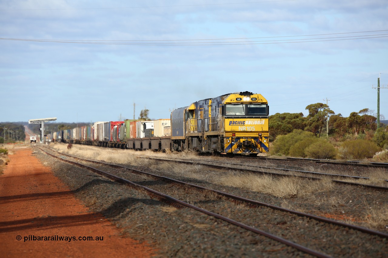 160522 2324
Parkeston, 7MP7 priority service train arrives on the mainline behind a pair of Goninan built GE model Cv40-9i NR class units NR 105 serial 7250-08/97-310 and NR 113 serial 7250-09/97-312 in Pacific National livery, the track in the foreground is the Engineers Siding.
Keywords: NR-class;NR105;Goninan;GE;Cv40-9i;7250-08/97-310;