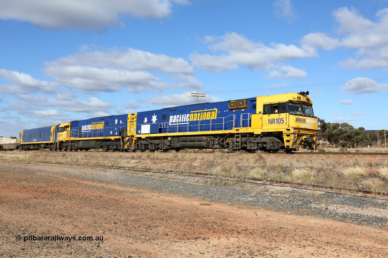 160522 2336
Parkeston, 7MP7 priority service train running up the hill to Kalgoorlie with a pair of Goninan built GE model Cv40-9i NR class units NR 105 serial 7250-08/97-310 and NR 113 serial 7250-09/97-312 and crew accommodation coach BRS 222 all in Pacific National livery.
Keywords: NR-class;NR105;Goninan;GE;Cv40-9i;7250-08/97-310;