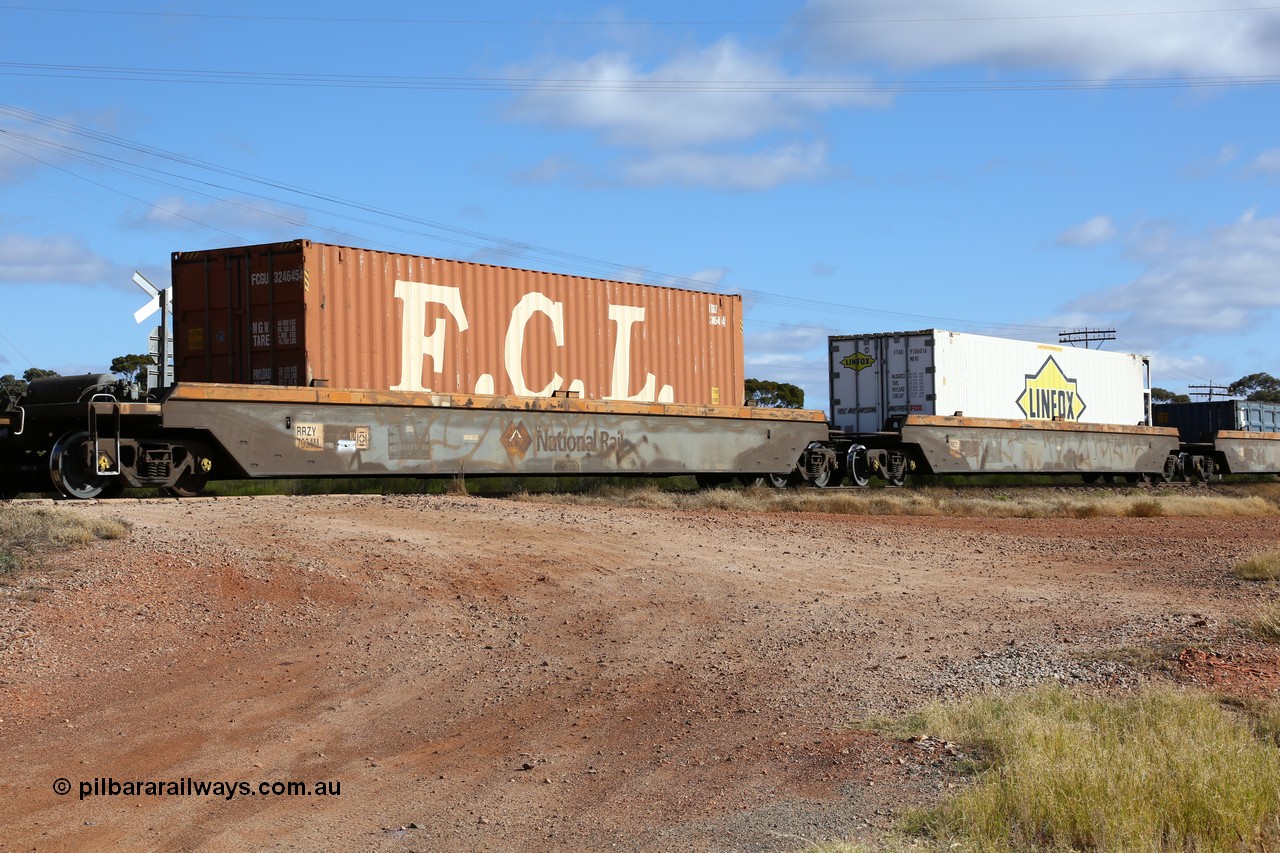 160522 2342
Parkeston, 7MP7 priority service train, platform 1 of 5-pack Goninan built RRZY 7034 well waggon set, FCL 40' box FCGU 324645.
Keywords: RRZY-type;RRZY7034;Goninan-NSW;