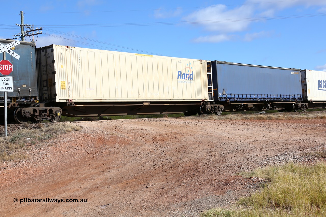 160522 2411
Parkeston, 7MP7 priority service train, platform 4 of 5 on RRQY 7327 5-pack articulated skeletal waggon set built by Qiqihar Rollingstock Works China in 2005 for Pacific National, with a 46' Rand Refrigerated Logistics reefer RAND 207.
Keywords: RRQY-type;RRQY7327;Qiqihar-Rollingstock-Works-China;