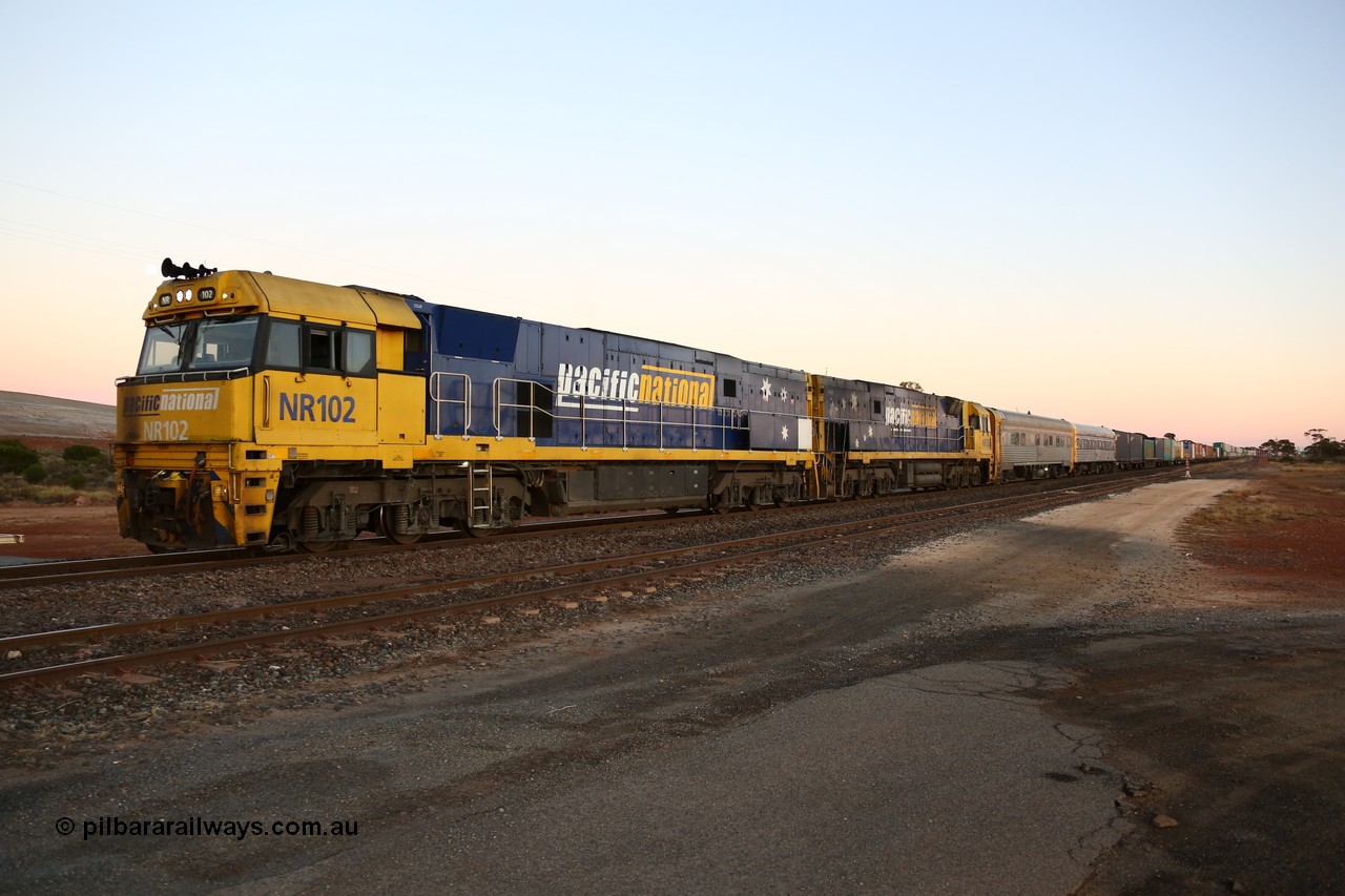 160523 2708
Parkeston, Pacific National train 1PM5 right on departure time with a pair of Goninan built GE model Cv40-9i NR class units NR 102 serial 7250-07/97-302 and NR 106 serial 7250-08/97-308 and two crew coaches.
Keywords: NR-class;NR102;Goninan;GE;Cv40-9i;7250-07/97-302;NR106;7250-08/97-308;