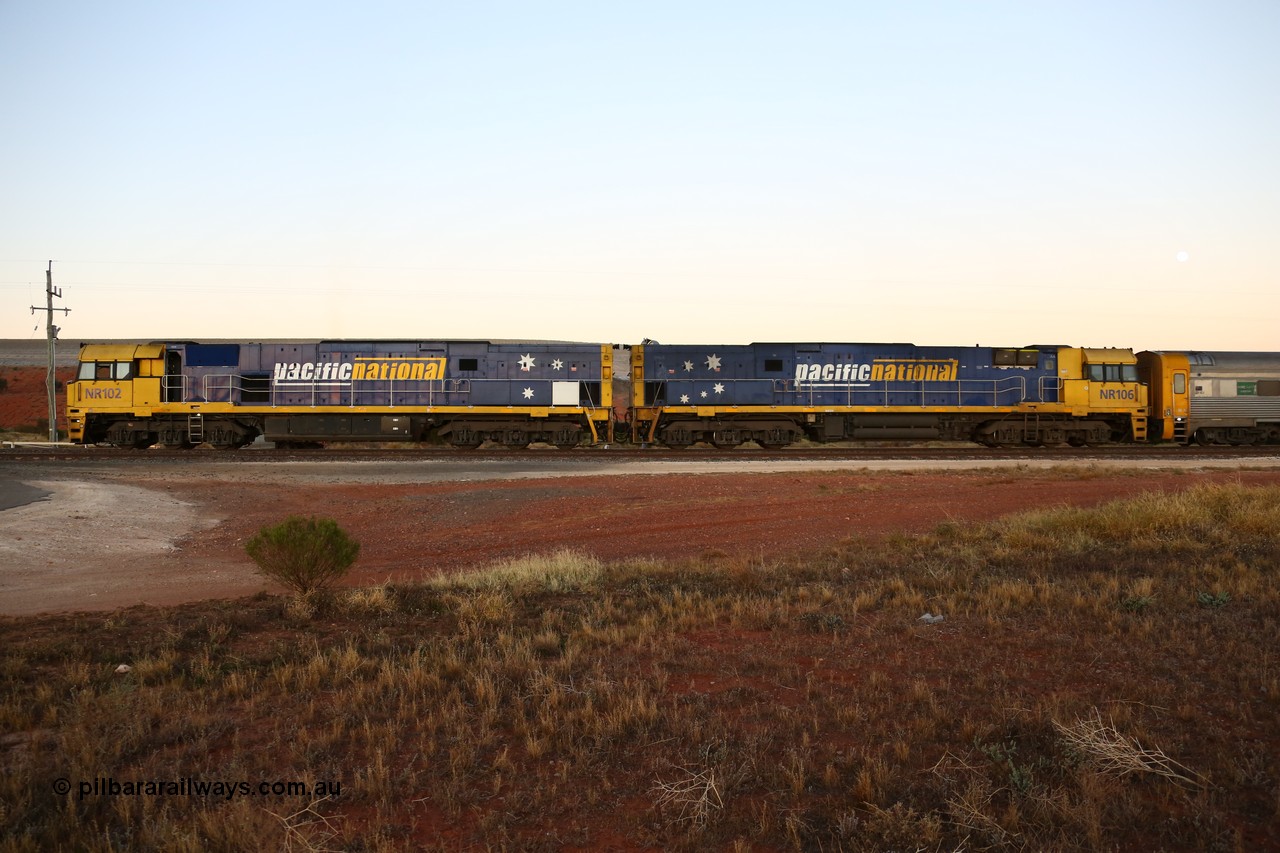 160523 2709
Parkeston, Pacific National train 1PM5 right on departure time with a pair of Goninan built GE model Cv40-9i NR class units NR 102 serial 7250-07/97-302 and NR 106 serial 7250-08/97-308 and two crew coaches.
Keywords: NR-class;NR102;Goninan;GE;Cv40-9i;7250-07/97-302;NR106;7250-08/97-308;