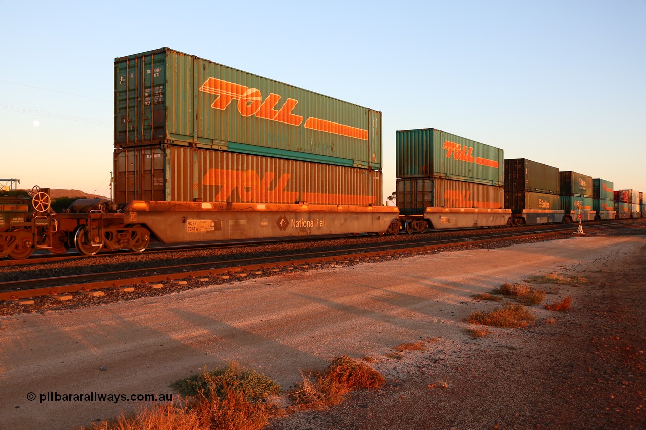 160523 2728
Parkeston, 1PM5 intermodal train, RQZY 7047 one of thirty two 5-pack well waggon sets built by Goninan in 1995 for National Rail in 1995-96, with Toll and Sadleirs 48' double stacked containers.
Keywords: RQZY-type;RQZY7047;Goninan-NSW;