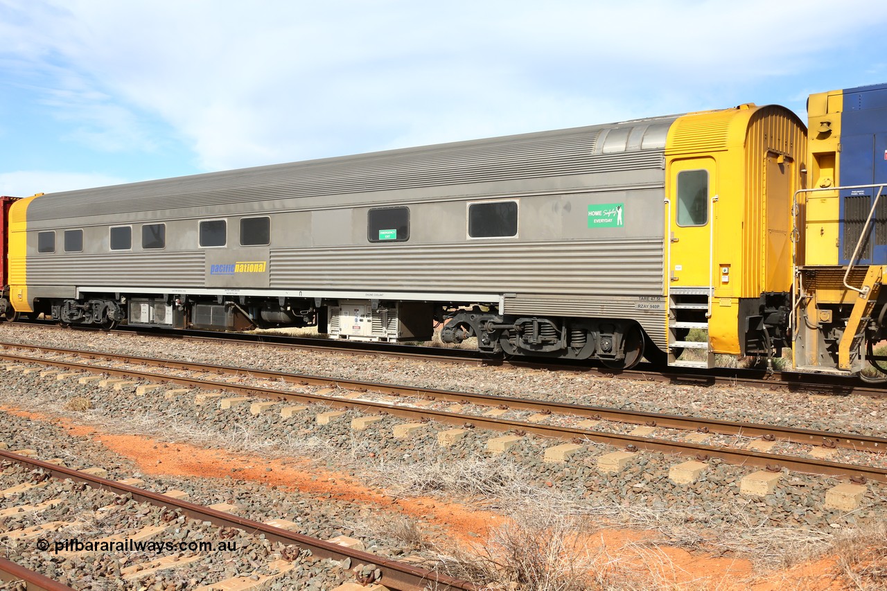 160523 2934
Parkeston, 7SP3 intermodal train, crew accommodation coach RZAY 940, built by Comeng NSW in 1968 as ARJ 240, a stainless steel, air conditioned, roomette sleeping coach, rebuilt by AN Rail Port Augusta Workshops to RZAY in 1997.
Keywords: RZAY-type;RZAY940;Comeng-NSW;ARJ-type;ARJ240;