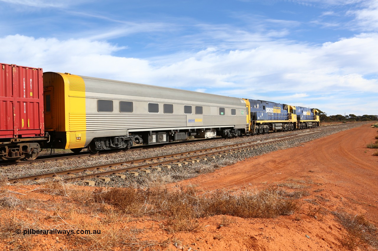 160523 2936
Parkeston, 7SP3 intermodal train, crew accommodation coach RZAY 940, built by Comeng NSW in 1968 as ARJ 240, a stainless steel, air conditioned, roomette sleeping coach, rebuilt by AN Rail Port Augusta Workshops to RZAY in 1997.
Keywords: RZAY-type;RZAY940;Comeng-NSW;ARJ-type;ARJ240;