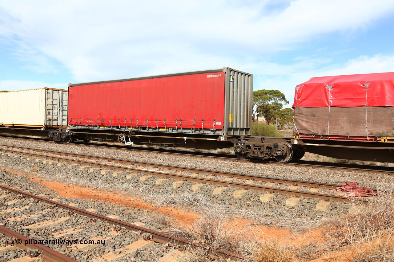 160523 2951
Parkeston, 7SP3 intermodal train, RRQY 8307 platform 3 of 5-pack articulated skel waggon, one of forty one sets built by Qiqihar Rollingstock Works China in 2006 loaded with a Royal Wolf 40' curtainsider container RWTU 903088.
Keywords: RRQY-type;RRQY830P;Qiqihar-Rollingstock-Works-China;