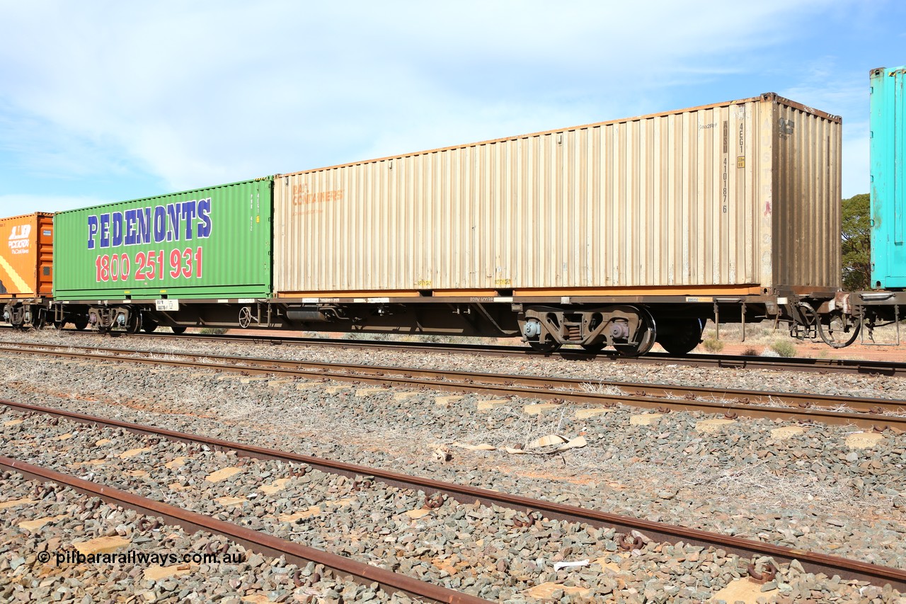 160523 2991
Parkeston, 7SP3 intermodal train, RQPW 60078 jumbo container waggon, 80' waggon built by Victorian Railways' Bendigo Workshops as a VQDW October 1984. Leased to NSW State Rail as NQMW type in 1986, recoded to RQDF in 1994, RQDW later in 1994 before RQPW in 1995. Loaded with a Austrans leased Rail Containers 40' 4EG1 type box AUSU 410187 [6] and Pedemonts 40' 4EG1 type box PHR 412.
Keywords: RQPW-type;RQPW60078;Victorian-Railways-Bendigo-WS;VQDW-type;VQDW74;NQWM-type;NQWM60078;RQDF-type;