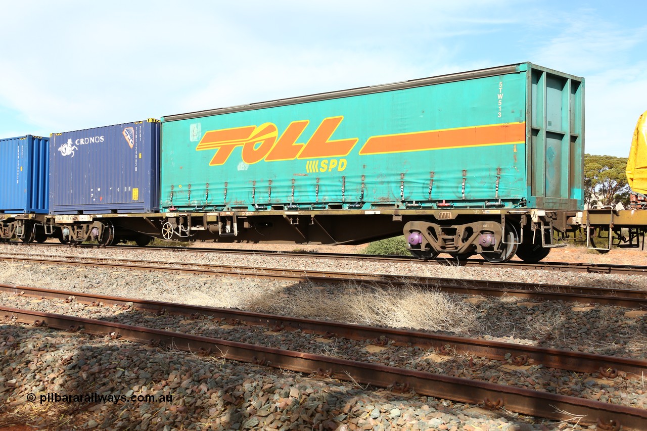 160523 2995
Parkeston, intermodal train 7SP3, RQFY 90 container waggon, built by Victorian Railways Bendigo Workshops in 1980 as a batch of seventy five VQFX type skeletal container waggons, recoded to VQFY c1985, then RQFY May 1994, May 1995 to RQFF, then 2CM bogies fitted in Aug 1995 and current code Dec 1995.
Keywords: RQFY-type;RQFY90;Victorian-Railways-Bendigo-WS;VQFX-type;VQFY-type;RQFF-type;