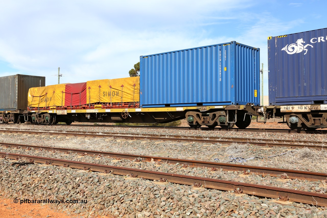 160523 2996
Parkeston, 7SP3 intermodal train, RQGY 34439 63' container waggon, originally built in a batch of one hundred by Tulloch Ltd NSW between 1974 and 75 as an OCY type, recoded to NQOY then NQSY. Loaded with 20' 25G1 type box YOU 150882 [7] and a 40' flat rack FD 211 with a Simon tarped load.
Keywords: RQGY-type;RQGY34439;Tulloch-Ltd-NSW;OCY-type;NQOY-type;NQSY-type;