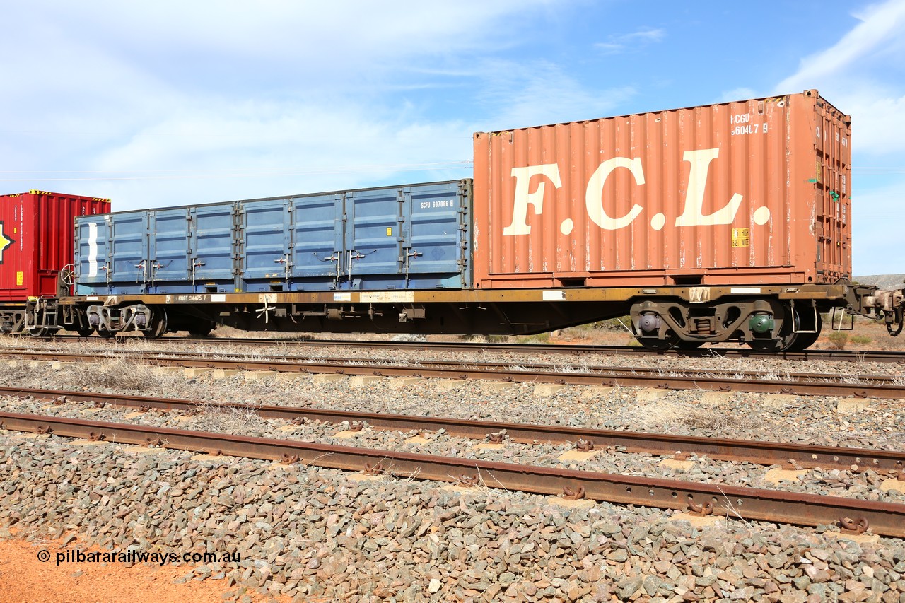 160523 2999
Parkeston, 7SP3 intermodal train, NQGY 34475 63' container waggon, originally built in a batch of one hundred by Tulloch Ltd NSW between 1974 and 75 as an OCY type, recoded to NQOY then NQSY. Loaded with a 20' FCL box FCGU 960467 [9] and an SCF half height side door unit SCFU 607066 [6].
Keywords: NQGY;NQGY34475;Tulloch-Ltd-NSW;OCY-type;