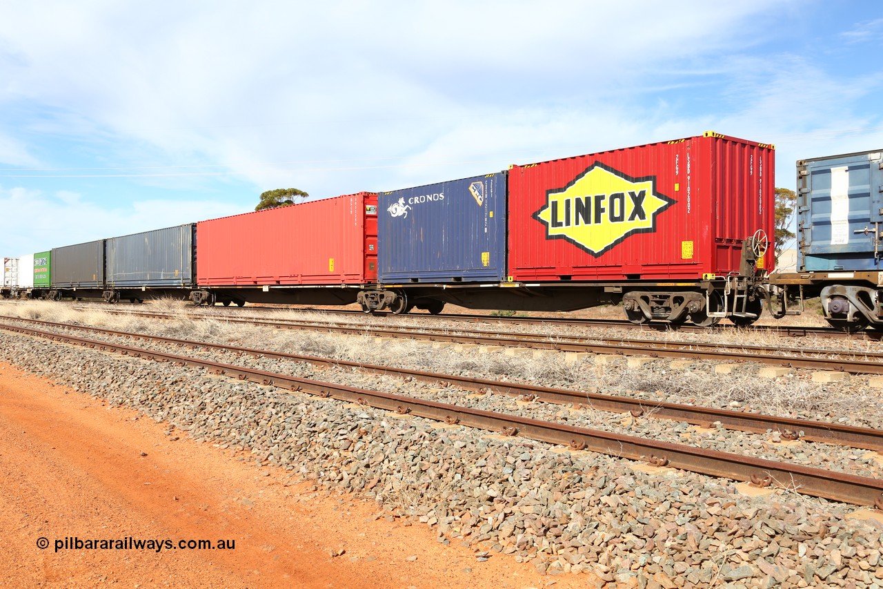 160523 3000
Parkeston, 7SP3 intermodal train, RRGY 7149, the RRGY type is a 5-pack articulated skeletal container waggon, fifty were originally built by AN Rail Islington Workshops in 1996-97 as type RRBY, later rebuilt with 48' intermediate decks and recoded to RRGY. Loaded with 48' boxes on the intermediate platforms and two by 20' boxes each end.
Keywords: RRGY-type;RRGY7149;AN-Islington-WS;RRBY-type;