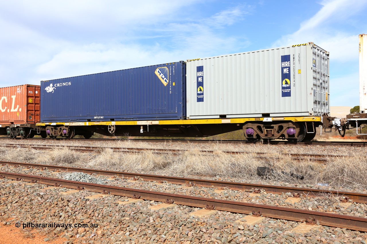 160523 3005
Parkeston, 7SP3 intermodal train, RQBY 15021 63' container waggon, one of seventy that Comeng NSW built as OCY type container flat waggon in 1974-75, recoded to NQOY, then NQSY and NQBY. Loaded with a 20' Royal Wolf 25G1 type box RWPU 203894 [2] and a 40' Cronos 4EG1 type box CXSU 114740 [1].
Keywords: RQBY-type;RQBY15021;Comeng-NSW;OCY-type;