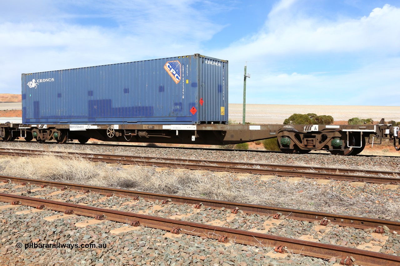 160523 3014
Parkeston, 7SP3 intermodal train, RQSY 35040 63' container waggon, one of a hundred OCY type waggons built by Goninan NSW in 1975, recoded to NQOY, NQSY. Loaded with a 40' 4EG1 type Cronos box CRTU 092345 [6].
Keywords: RQSY-type;RQSY35040;Goninan-NSW;OCY-type;NQOY-type;NQSY-type;