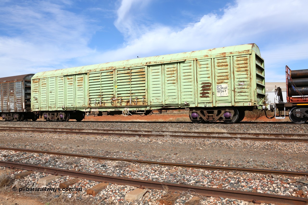 160523 3035
Parkeston, 7SP3 intermodal train, RLUY 18724 louvre van, one of one hundred fifty originally built by Comeng NSW as KLY in 1975-76, then recoded to NLKY, NLWY wearing Sadleirs green.
Keywords: RLUY-type;RLUY18724;Comeng-NSW;KLY-type;NLKY-type;NLWY-type;