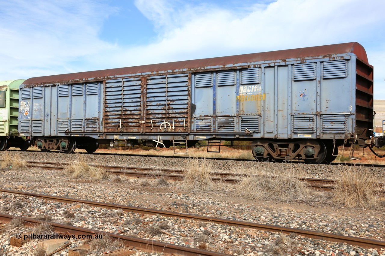 160523 3038
Parkeston, 7SP3 intermodal train, RLSY 18629 louvre van, one of one hundred fifty originally built by Comeng NSW as KLY in 1975-76, then recoded to NLKY and NLNY. Wearing Pacific National blue livery and signage, weathered condition.
Keywords: RLSY-type;RLSY18629;Comeng-NSW;KLY-type;NLKY-type;NLNY-type;