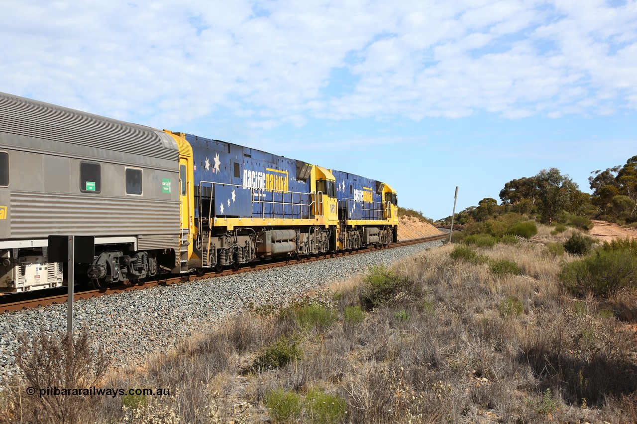 160523 3210
Binduli, Perth bound 7SP3 intermodal train, trailing view of a pair of Goninan built GE model Cv40-9i NR class units NR 12 serial 7250-02/97-214 and NR 51 serial 7250-08/97-253 lead the train 'elephant style' near the 641 km.
Keywords: NR-class;NR51;Goninan;GE;Cv40-9i;7250-08/97-253;