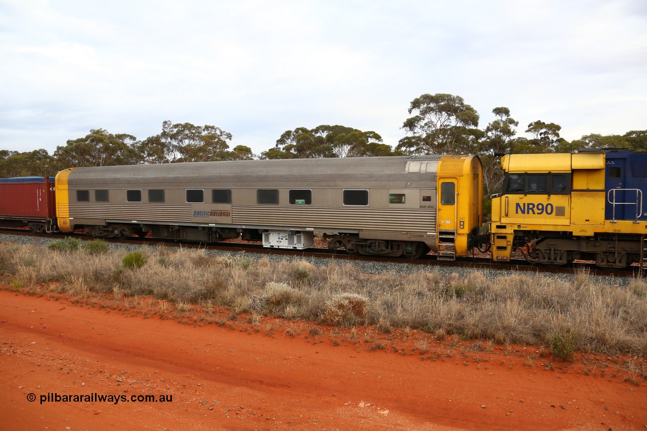 160524 3628
Binduli, 2PS7 priority service train, crew accommodation coach RZAY 283, built by Comeng NSW in 1972 as class ARJ, stainless steel, air conditioned, first class roomette sleeping car, converted by AN Rail Port Augusta Workshops in 1997 to RZAY.
Keywords: RZAY-class;RZAY283;Comeng-NSW;ARJ-class;