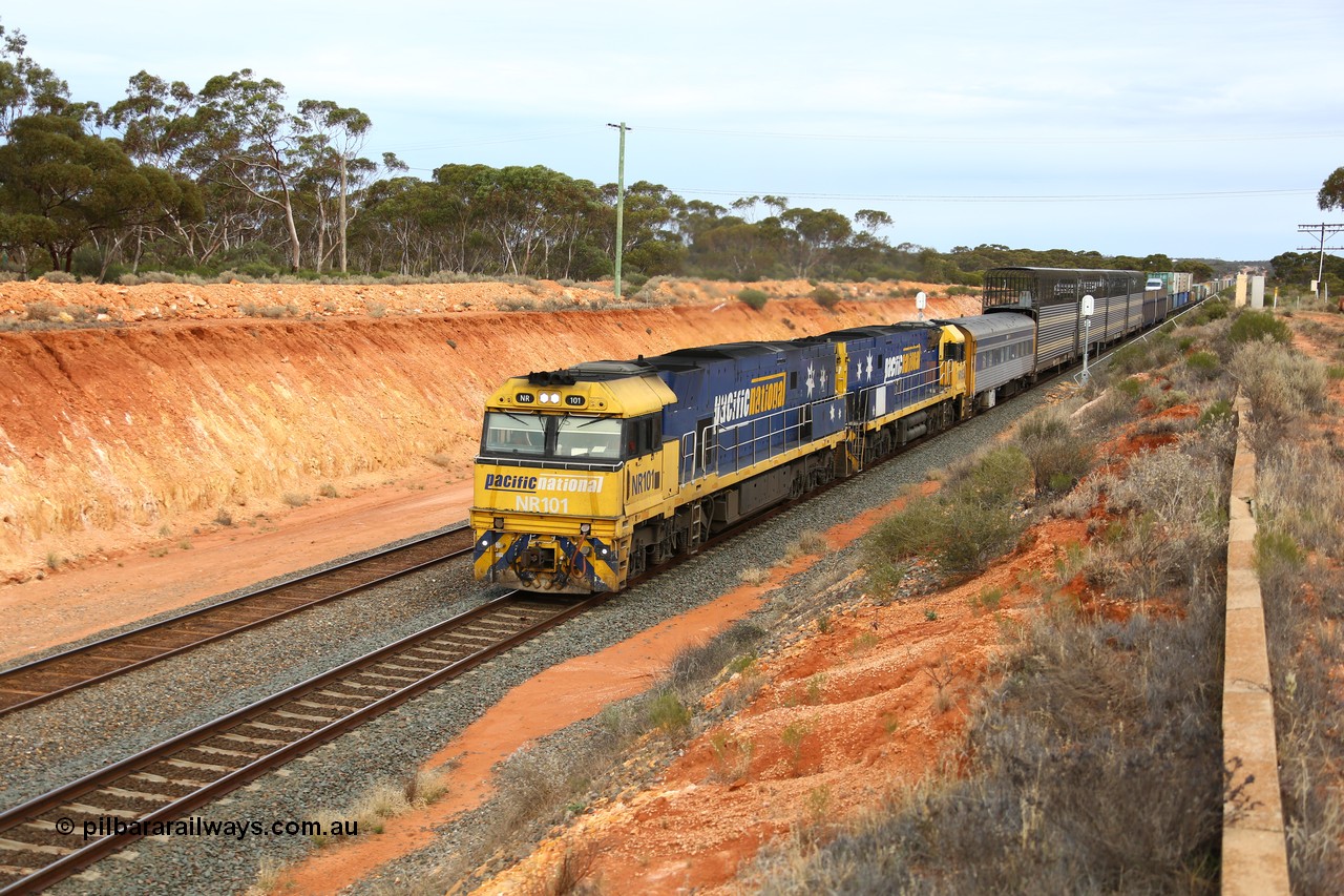 160524 3737
West Kalgoorlie, 2PM6 intermodal train behind Goninan built GE model Cv40-9i NR class units NR 101 serial 7250-07/97-303 and NR 105 serial 7250-08/97-310, originally built for National Rail now in current owner Pacific National livery.
Keywords: NR-class;NR101;Goninan;GE;Cv40-9i;7250-07/97-303;