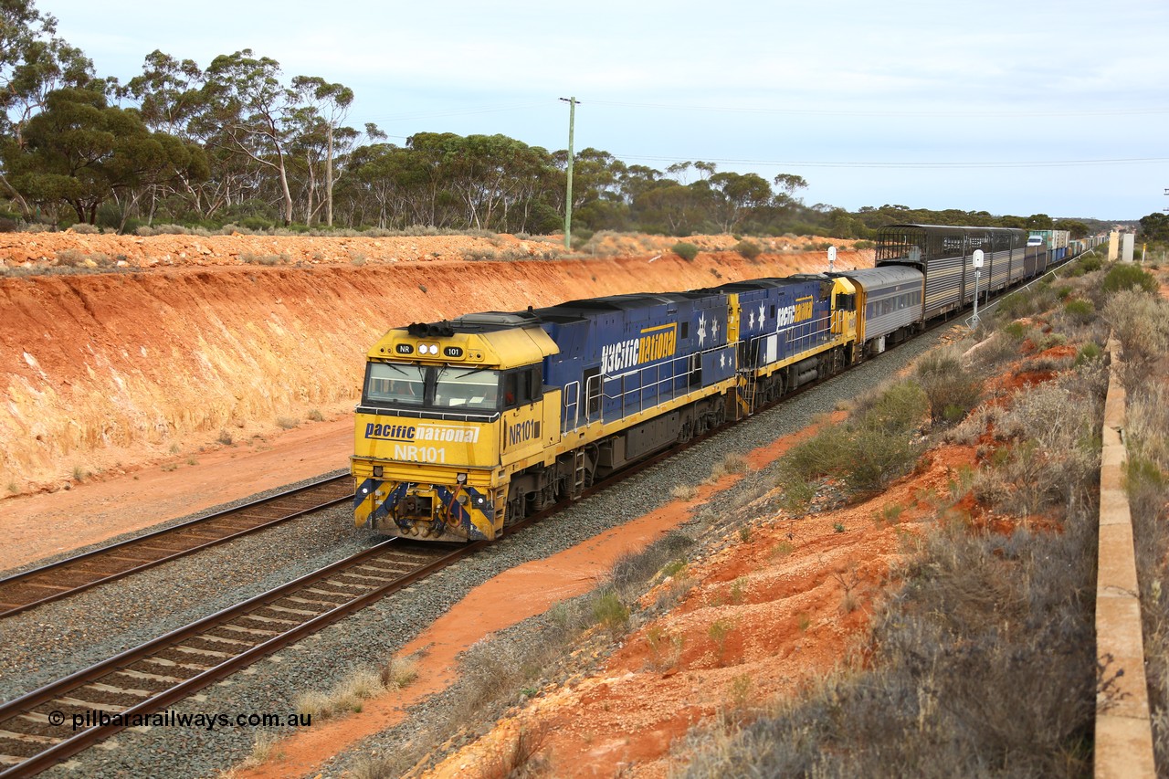 160524 3738
West Kalgoorlie, 2PM6 intermodal train behind Goninan built GE model Cv40-9i NR class units NR 101 serial 7250-07/97-303 and NR 105 serial 7250-08/97-310, originally built for National Rail now in current owner Pacific National livery.
Keywords: NR-class;NR101;Goninan;GE;Cv40-9i;7250-07/97-303;