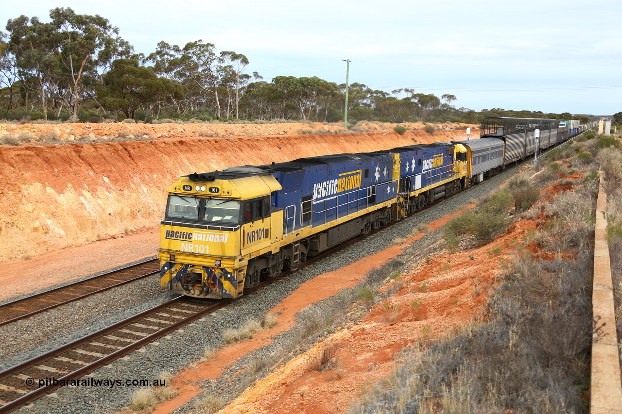 160524 3739
West Kalgoorlie, 2PM6 intermodal train behind Goninan built GE model Cv40-9i NR class units NR 101 serial 7250-07/97-303 and NR 105 serial 7250-08/97-310, originally built for National Rail now in current owner Pacific National livery.
Keywords: NR-class;NR101;Goninan;GE;Cv40-9i;7250-07/97-303;