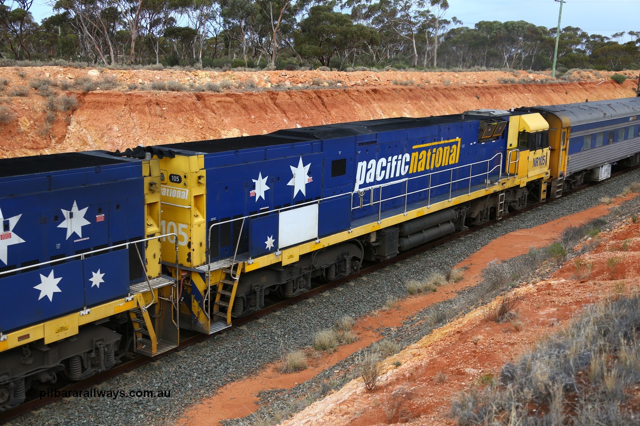 160524 3740
West Kalgoorlie, 2PM6 intermodal train, trailing unit Goninan built GE model Cv40-9i NR class unit NR 105 serial 7250-08/97-310, originally built for National Rail now in current owner Pacific National livery.
Keywords: NR-class;NR105;Goninan;GE;Cv40-9i;7250-08/97-310;