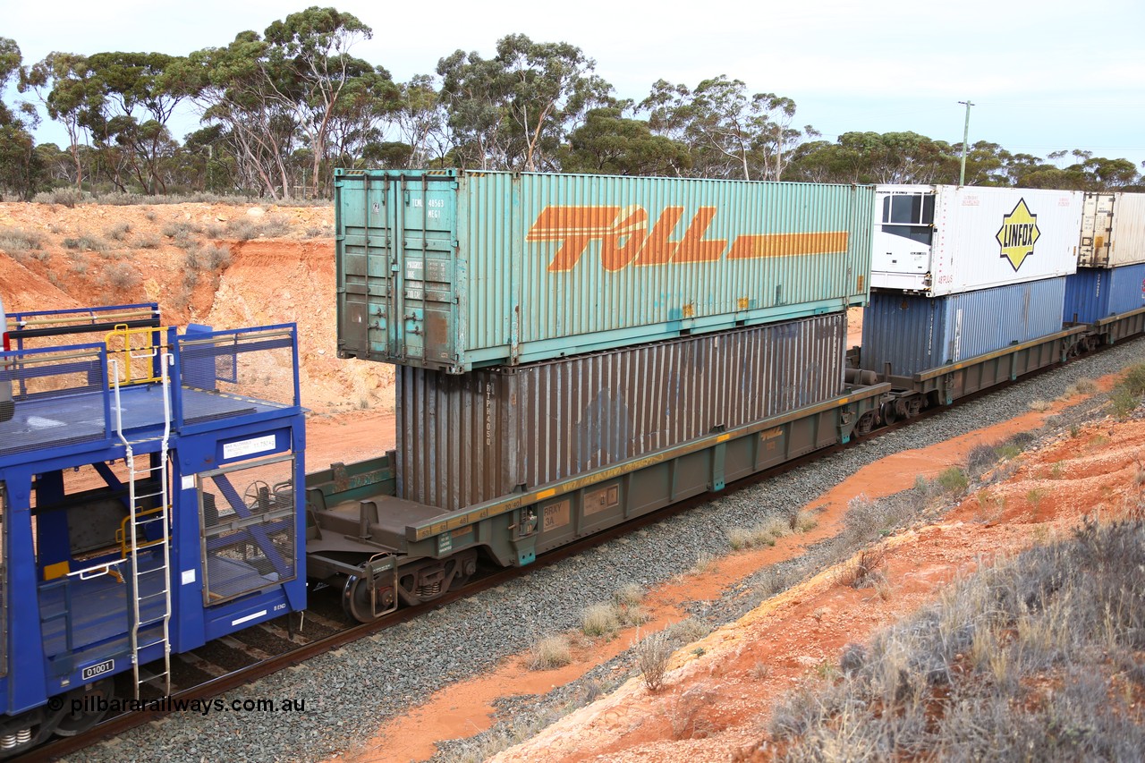 160524 3746
West Kalgoorlie, 2PM6 intermodal train, RRXY 3 platform 1 of 5-pack well waggon set, one of eleven built by Bradken Qld in 2002 for Toll from a Williams-Worley design with a 48' Toll box TCML 48563 on top of a 40' RTPH 4050 box.
Keywords: RRXY-type;RRXY3;Williams-Worley;Bradken-Rail-Qld;