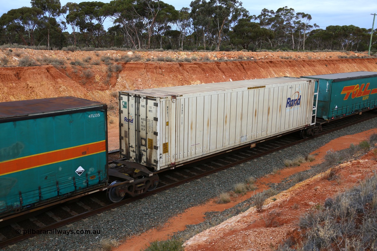 160524 3761
West Kalgoorlie, 2PM6 intermodal train, 48' platform of RRGY 7130 5-pack articulated skel waggon, one of fifty built by AN Rail Islington Workshops in 1996-97 as type RRBY, later rebuilt with 48' intermediate decks and coded RRGY, RAND Refrigerated Logistics 46' reefer RAND 110.
Keywords: RRGY-type;RRGY7130;AN-Islington-WS;RRBY-type;