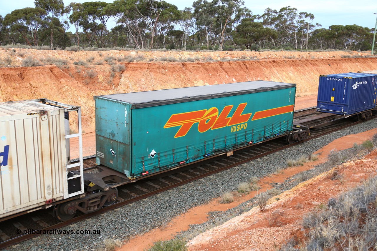 160524 3762
West Kalgoorlie, 2PM6 intermodal train, 48' platform of RRGY 7130 5-pack articulated skel waggon, one of fifty built by AN Rail Islington Workshops in 1996-97 as type RRBY, later rebuilt with 48' intermediate decks and coded RRGY, Toll - SPD 40' curtainsider LME102.
Keywords: RRGY-type;RRGY7130;AN-Islington-WS;RRBY-type;