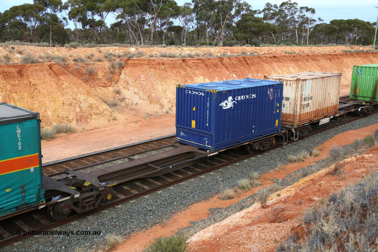 160524 3763
West Kalgoorlie, 2PM6 intermodal train, 40' platform of RRGY 7130 5-pack articulated skel waggon, one of fifty built by AN Rail Islington Workshops in 1996-97 as type RRBY, later rebuilt with 48' intermediate decks and coded RRGY, with 20' Cronos Bulker TINB 109277.
Keywords: RRGY-type;RRGY7130;AN-Islington-WS;RRBY-type;