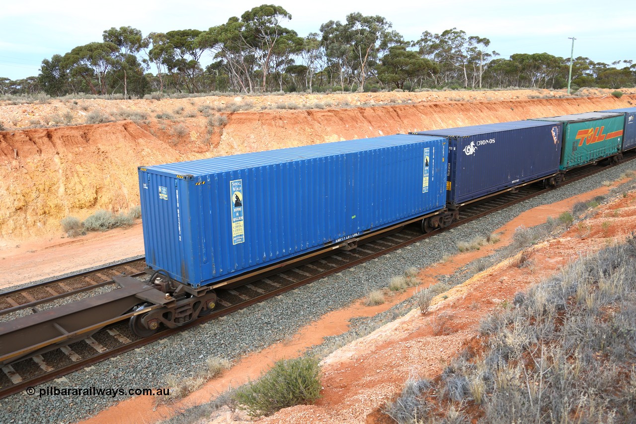 160524 3776
West Kalgoorlie, 2PM6 intermodal train, RQLY 4 platform 4 of 5-pack articulated skeletal waggon set, 1 of 8 built by AN Rail Islington Workshops in 1987 as AQJY, Royal Wolf 40' box RWTU 941207.
Keywords: RQJY-type;RQJY4;AN-Islington-WS;AQJY-type;