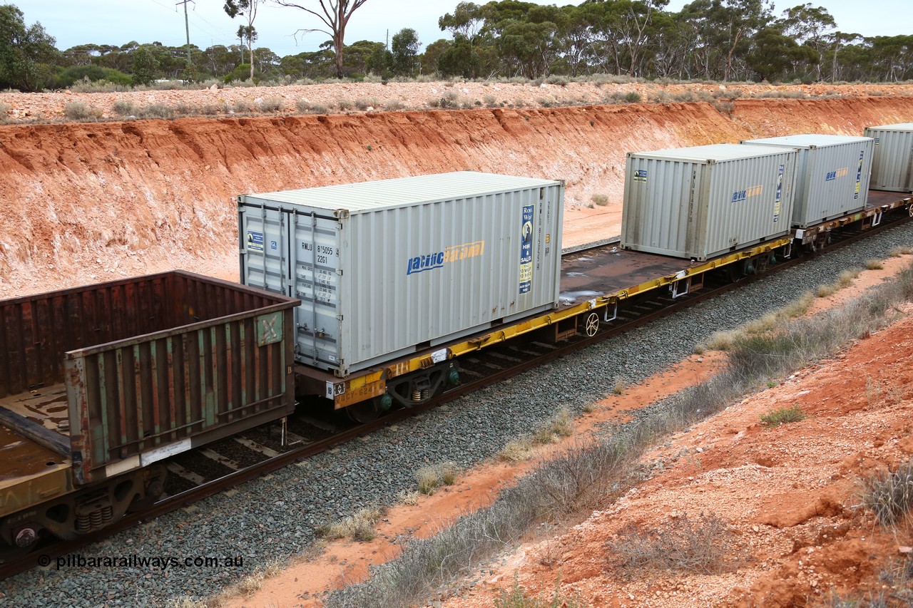 160524 4029
Binduli, Melbourne bound steel train service 3PM4, VQCY 624 container waggon, still with lashing rails, built by Victorian Railways Newport Workshops in 1970 as an FQX type, 1979 to VQCX, 1994 to RQCX and VQCY in 1996. Two 20' 22G1 type Pacific National Royal Wolf containers RWLU 815055 and RWLU 814877.
Keywords: VQCY-type;VQCY624;Victorian-Railways-Newport-WS;FQX-type;VQCX-type;RQCX-type;