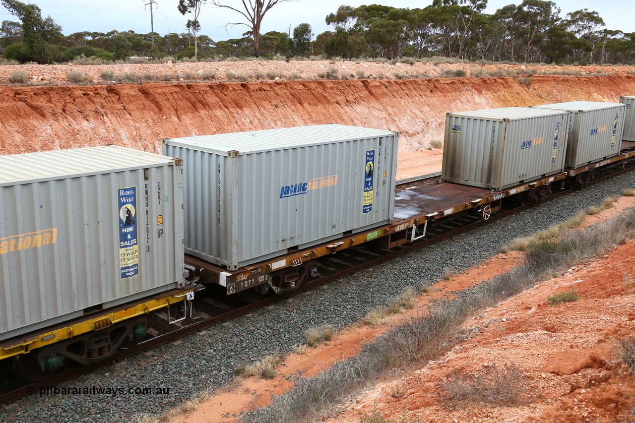 160524 4030
Binduli, Melbourne bound steel train service 3PM4, VQTY 930 container waggon built by the Victorian Railways Bendigo Workshops in 1977 as FQX type, then VQCX in 1979, then RQCX in 1994, in 1995 back to VQCX. Two 20' 22G1 type Pacific National Royal Wolf containers RWLU 815057 and RWLU 814970.
Keywords: VQTY-type;VQTY930;Victorian-Railways-Newport-WS;FQX-type;VQCX-type;RQCX-type;