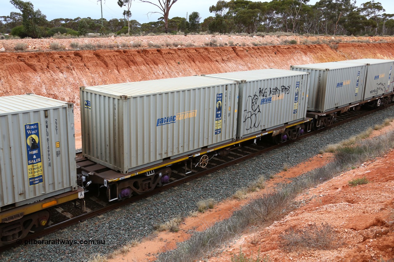 160524 4032
Binduli, Melbourne bound steel train service 3PM4, RQIY 10161 container waggon built by Goninan NSW in 1980-81 as an NQIY type. Two 20' 22G1 type Pacific National Royal Wolf containers RWLU 815065 and RWLU 814961.
Keywords: RQIY-type;RQIY10161;Goninan-NSW;NQIY-type;