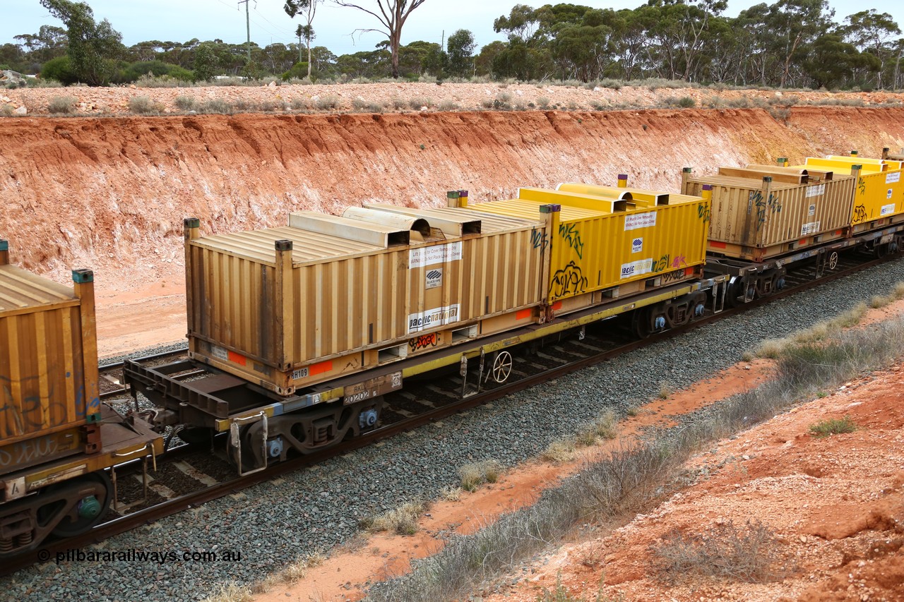 160524 4035
Binduli, Melbourne bound steel train service 3PM4, RKLY 20202 with two butter box containers RH109 and RH144, originally built by EPT NSW in 1979-81 as an BDY type open waggon before being heavily modified by ANI Engineering in 1998, was also coded NKHY, RKHY prior to 1998.
Keywords: RKLY-type;RKLY20202;EPT-NSW;BDY-type;NODY-type;