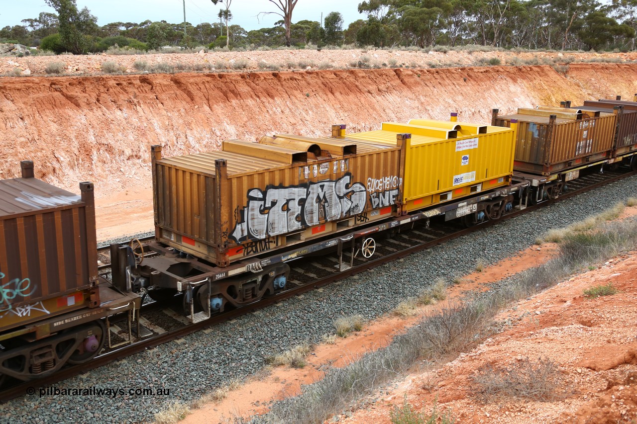 160524 4042
Binduli, Melbourne bound steel train service 3PM4, NQYY 20444 with two butter box containers RH296 and RH22, NQYY 20444 originally built by EPT NSW in 1977-78 as an BDY type open waggon, recoded to NODY after 1979, before being heavily modified by ANI Engineering in 1998 to the current guise.
Keywords: NQYY-type;NQYY20444;EPT-NSW;BDY-type;NODY-type;