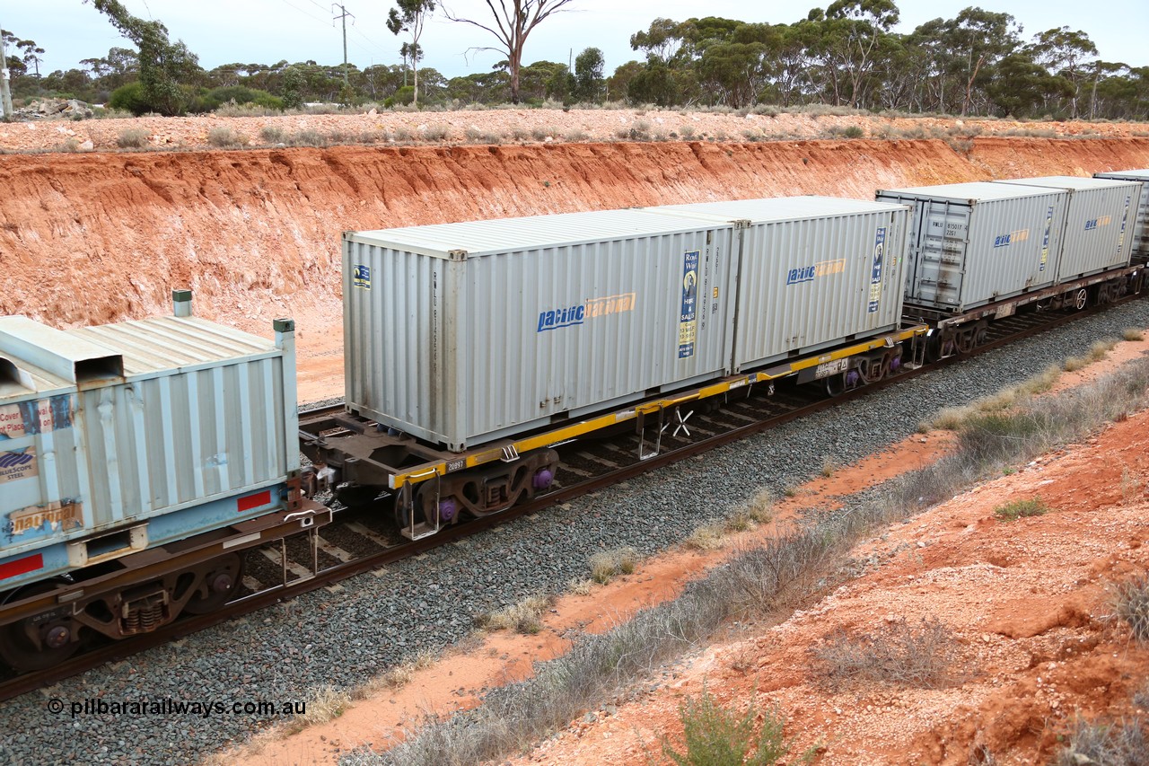 160524 4052
Binduli, Melbourne bound steel train service 3PM4, NQYY 20897 container waggon, originally built by EPT NSW in 1980-81 as an NODY open waggon before being heavily modified by ANI Engineering in 1998. Two 20' Pacific National Royal Wolf containers RWLU 814956 and 814895.
Keywords: NQYY-type;NQYY20897;EPT-NSW;NODY-type;