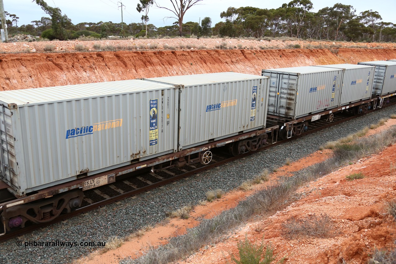 160524 4053
Binduli, Melbourne bound steel train service 3PM4, RKLY 20981 container waggon, built by EPT NSW in 1980-81 as an NODY, open waggon before being heavily modified by ANI Engineering in 1998, loaded with two 20' Pacific National Royal Wolf containers RWLU 815017 and 814910.
Keywords: RKLY-type;RKLY20981;EPT-NSW;NODY-type;