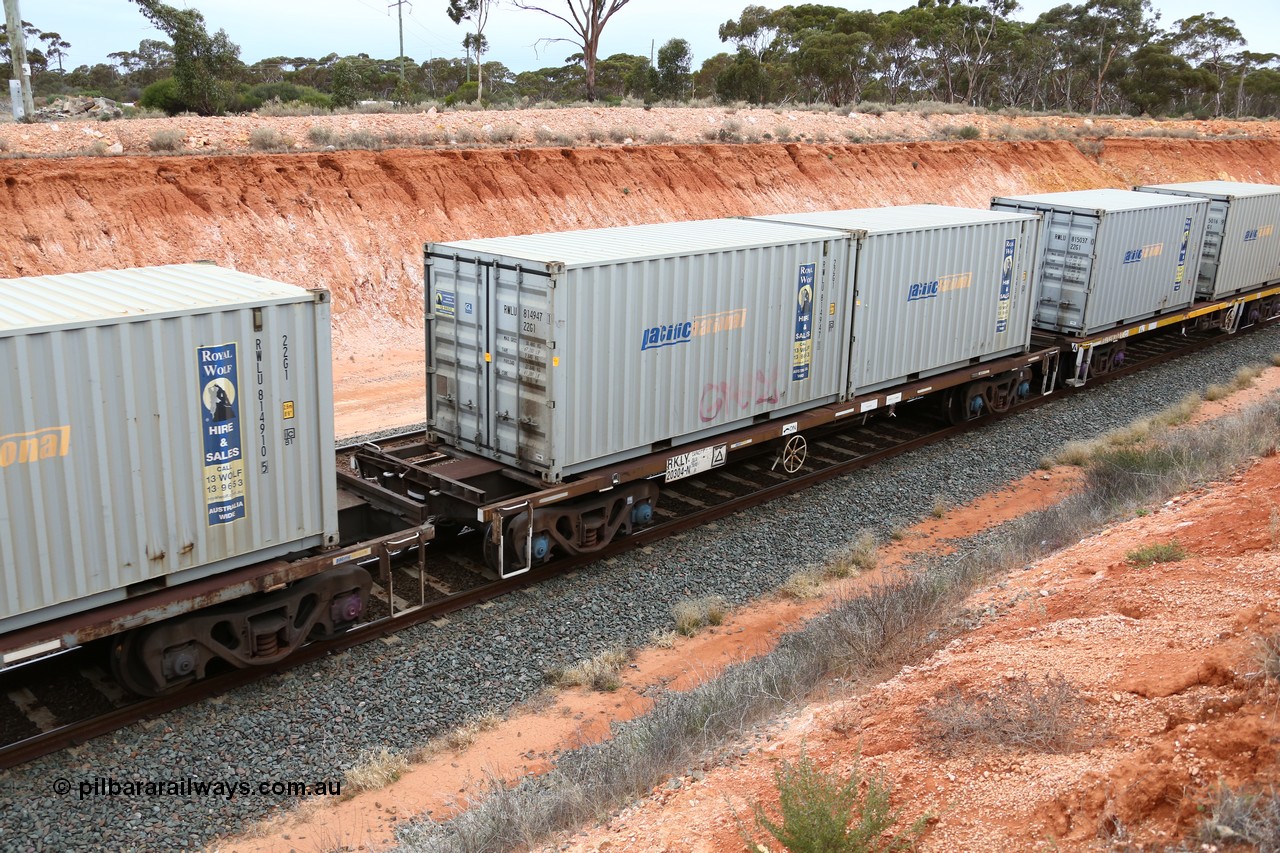 160524 4054
Binduli, Melbourne bound steel train service 3PM4, RKLY 20304 container waggon, originally built by EPT NSW in 1979-81 as an BDY / NODY open waggon before being heavily modified by ANI Engineering in 1998. Loaded with two 20' Pacific National Royal Wolf containers RWLU 814947 and 814936.
Keywords: RKLY-type;RKLY20304;EPT-NSW;BDY-type;NODY-type;