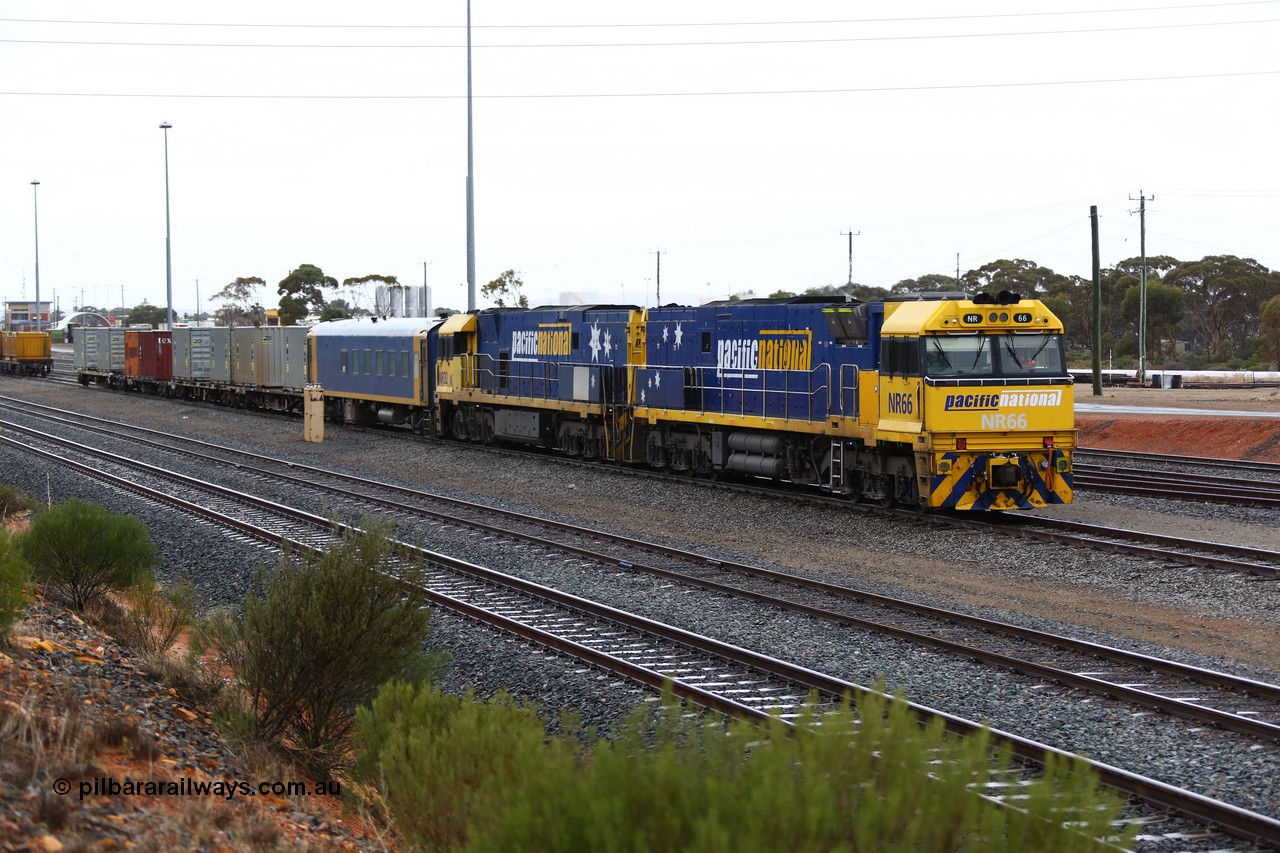 160524 4236
West Kalgoorlie, 1MP2 steel train motive power of Goninan built GE model Cv40-9i NR class units NR 66 serial 7250-12/96-268 and NR 32 serial 7250-06/97-234 shunt off waggons for Kalgoorlie.
Keywords: NR-class;NR66;Goninan;GE;Cv40-9i;7250-12/96-268;