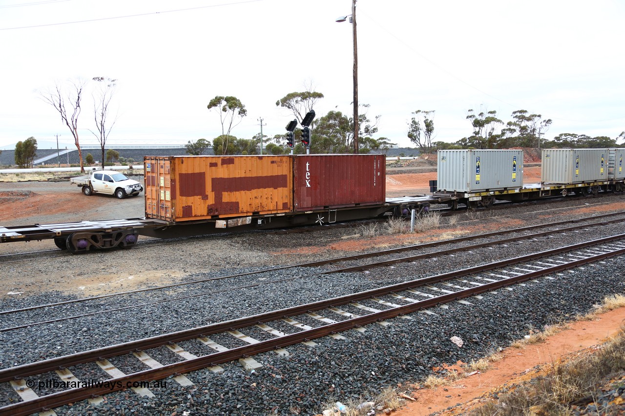160524 4245
West Kalgoorlie, 1MP2 steel train, RQJW 22038 container waggon, originally built by Mittagong Engineering NSW in 1976 as part of a batch of fifty JCW type 14.5 metre container waggons, recoded to NQJW. Carrying two 22G1 type 20' containers, A Royal Wolf stickered RSS 220652 and TEX TGHU 251584.
Keywords: RQJW-type;RQJW22038;Mittagong-Engineering-NSW;JCW-type;NQJW-type;