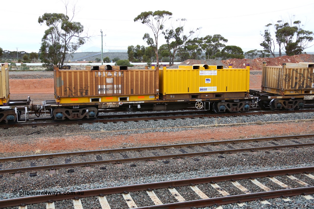 160524 4286
West Kalgoorlie, 1MP2 steel train, RQIY 10160, originally built by Goninan NSW in 1980 as part of a batch of fifty NQIY type 13.70 metre container waggons recoded in 1994. Loaded with two RH type coil steel or 'butter box' containers.
Keywords: RQIY-type;RQIY10160;Goninan-NSW;NQIY-type;
