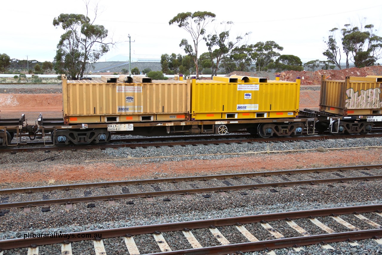 160524 4288
West Kalgoorlie, 1MP2 steel train, RKLY 20609, totally unrecognisable from original build by EPT NSW 1977-78 as part of a batch of two hundred BDY type 14.20 metre open waggons, had several recoding's prior to its current guise, loaded with two RH type coil containers or 'butter boxes' RH 410 and RH 51.
Keywords: RKLY-type;RKLY20609;EPT-NSW;BDY-type;NODY-type;NKDY-type;